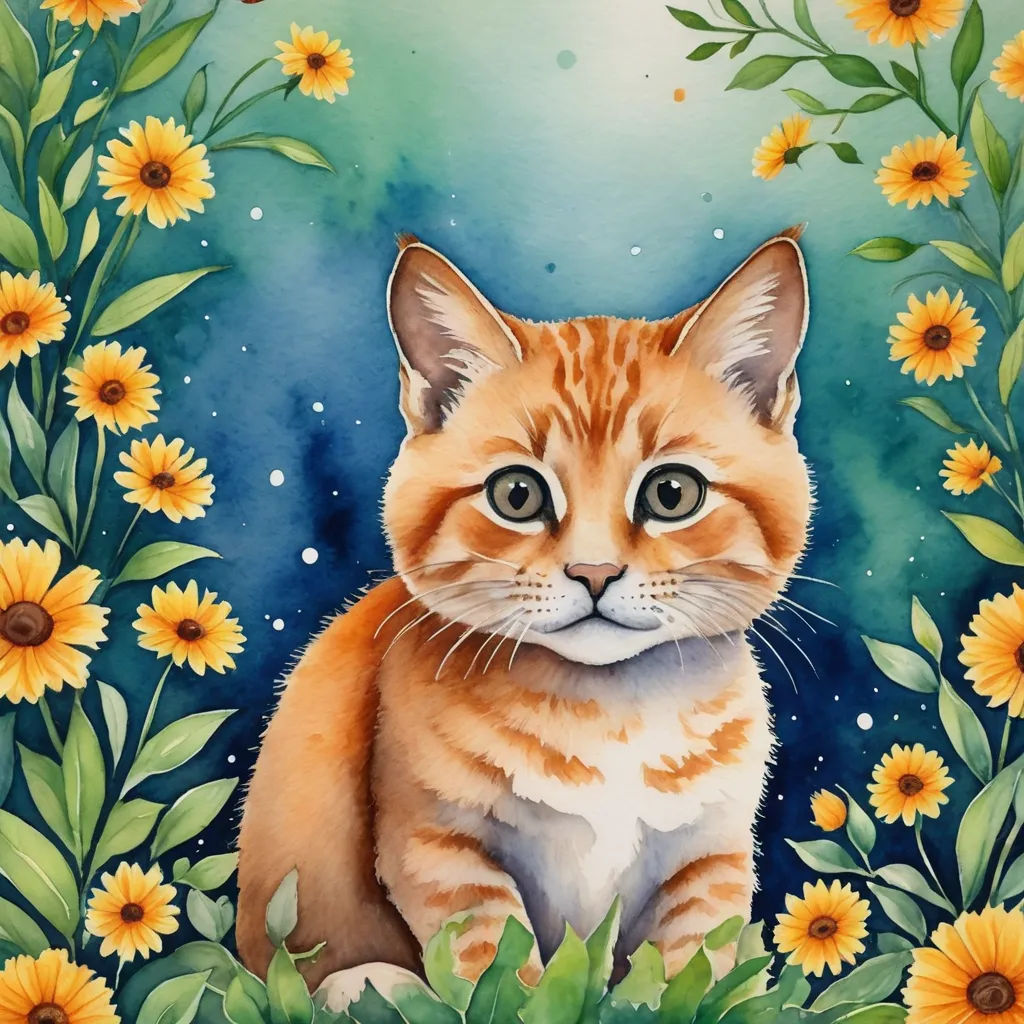 a painting of a cat sitting in a field of flowers with a blue sky background and sunflowers, color field, a watercolor painting, Annabel Kidston, in gouache detailed paintings