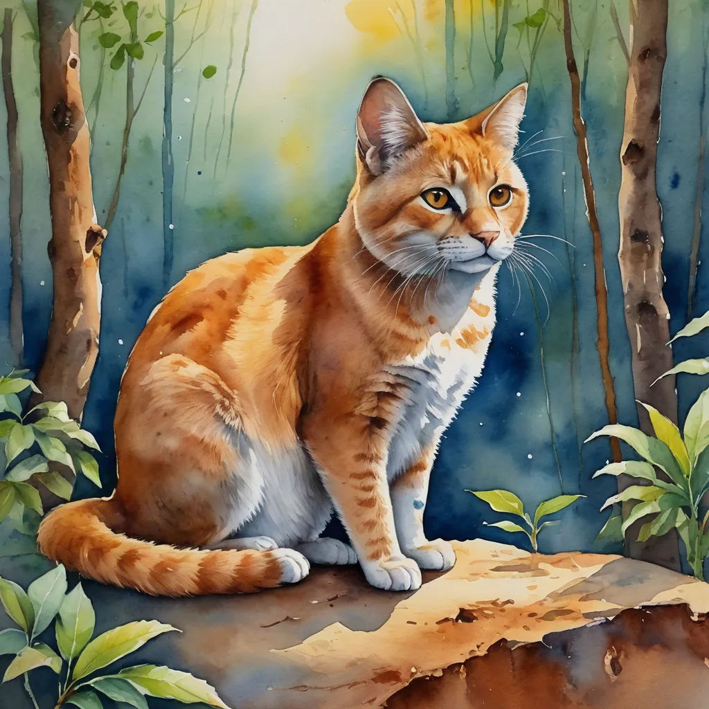 a painting of a cat sitting on a rock in the woods with a full moon in the background and a tree trunk in the foreground, figurative art, a watercolor painting, Carlos Catasse, professional digital painting