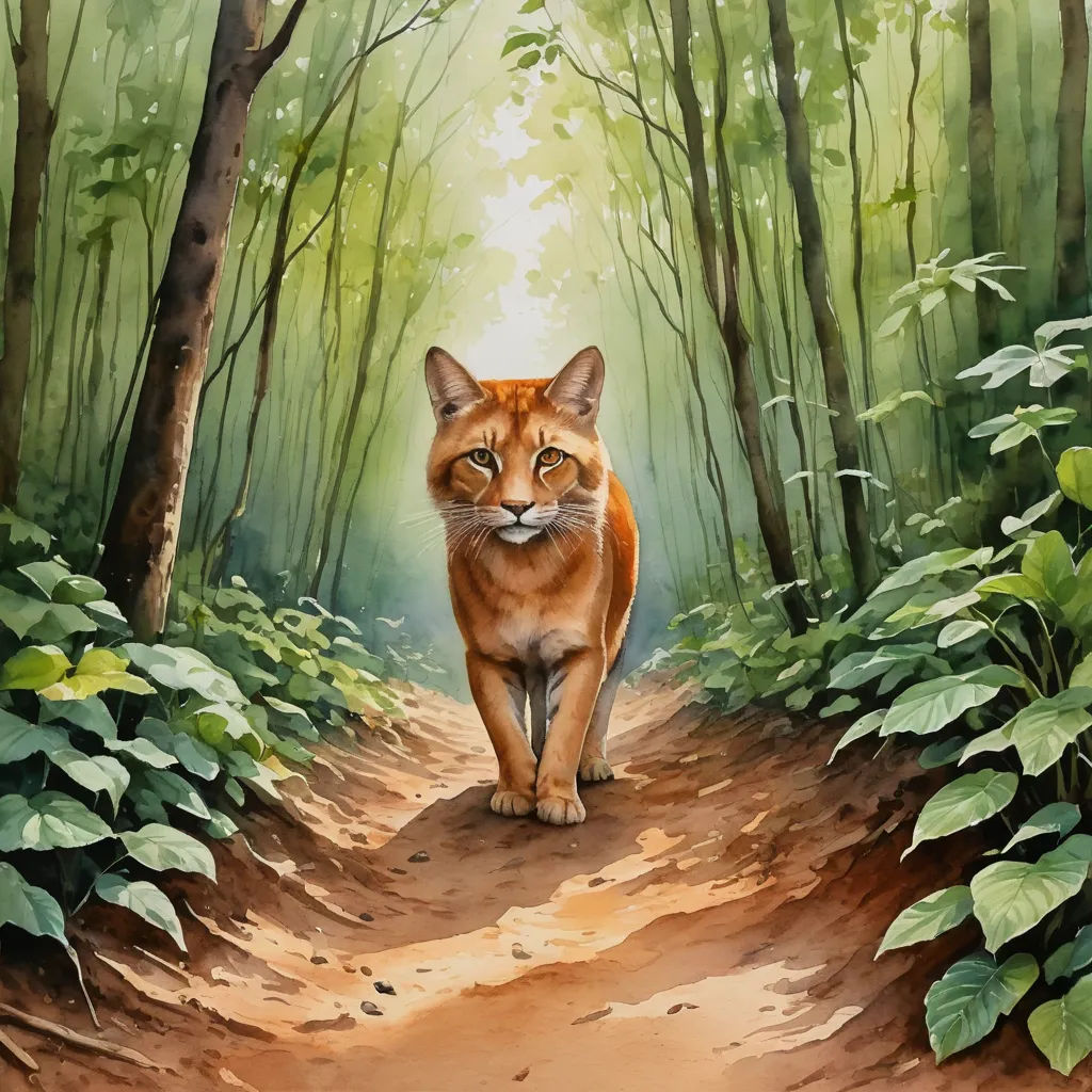 a painting of a cat walking down a dirt path in a forest with green leaves on the ground and a light shining on the cat, furry art, a digital painting, Anato Finnstark, official art
