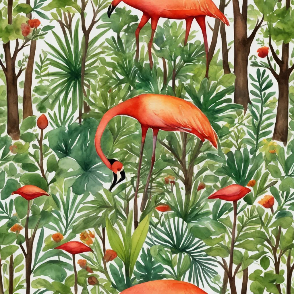 a painting of two flamingos in a tropical forest with palm trees and flowers on a white background with a black bird, naive art, a watercolor painting, Annabel Kidston, jungle