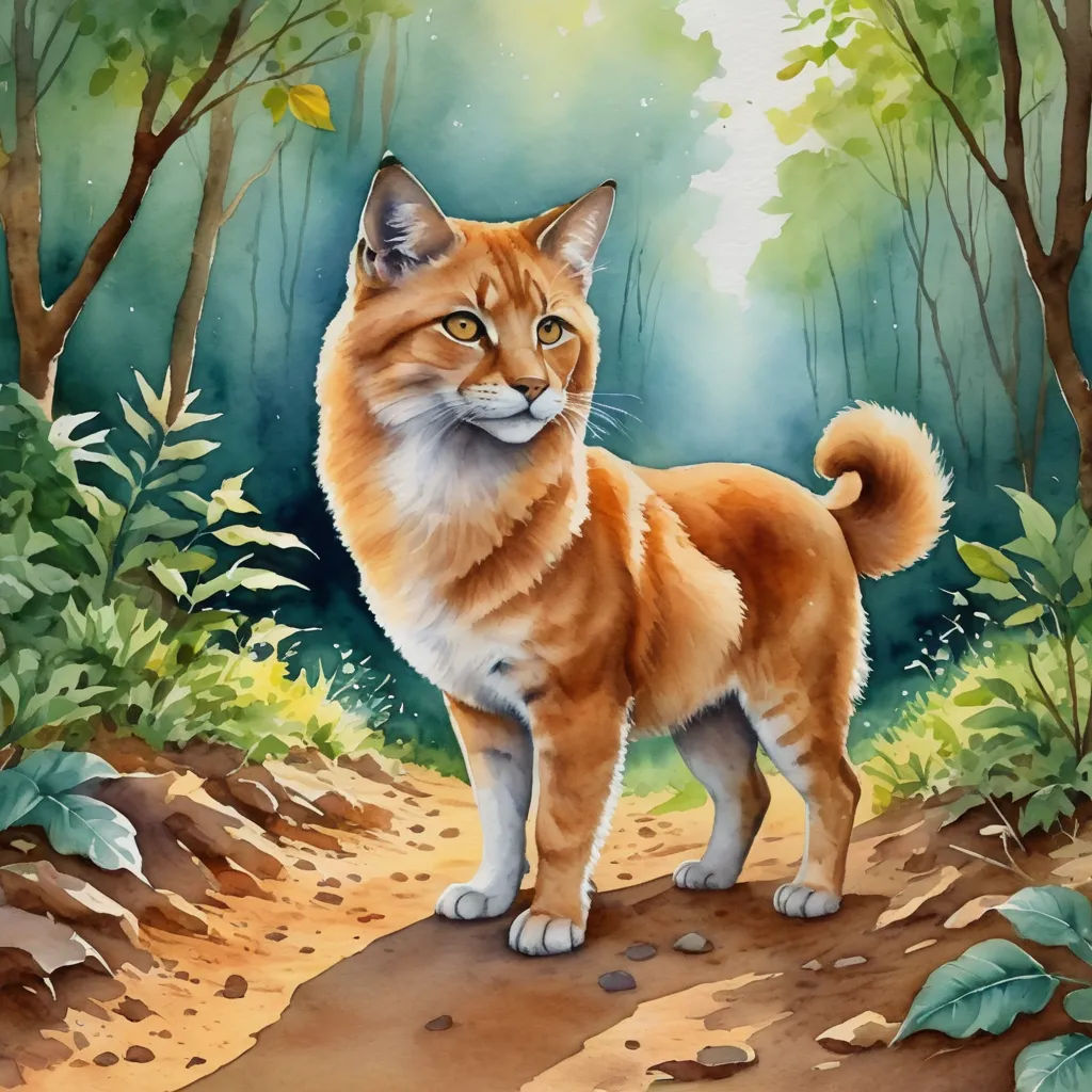 a painting of a cat standing on a dirt path in the woods with trees and leaves around it, looking at the camera, furry art, a watercolor painting, Anato Finnstark, official art