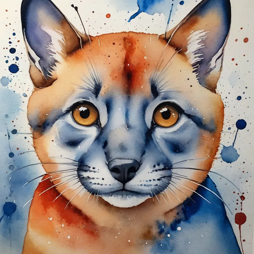 a painting of a cat with orange eyes and a blue background with spots of paint on it's face, furry art, a watercolor painting, Alison Kinnaird, watercolor