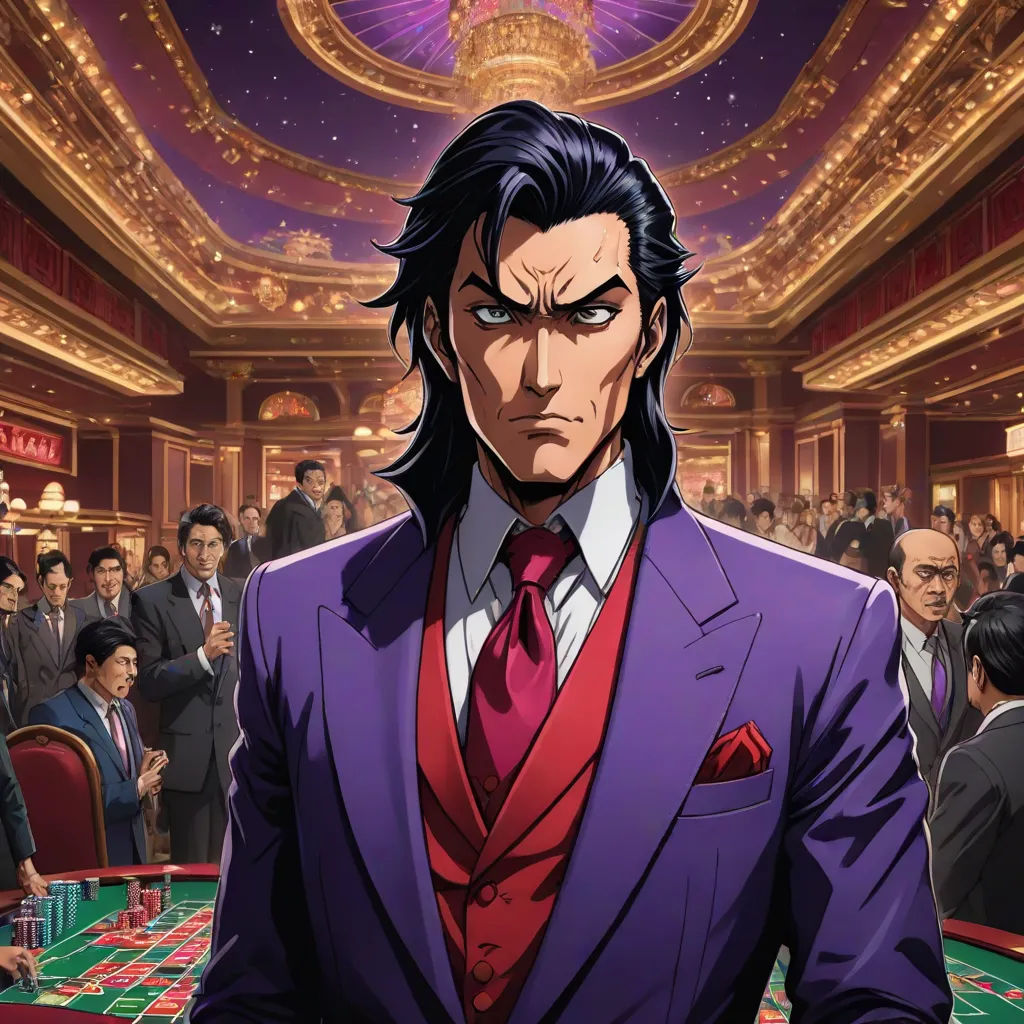a man in a suit and tie standing in front of a casino table with people in the background looking on, serial art, a character portrait, Eizan Kikukawa, official art