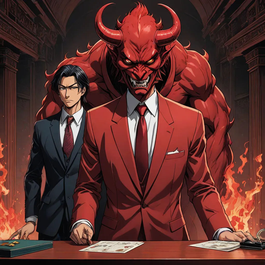 a man in a suit and tie standing next to a demon in a suit and tie at a desk, serial art, a comic book panel, Adam Manyoki, official art