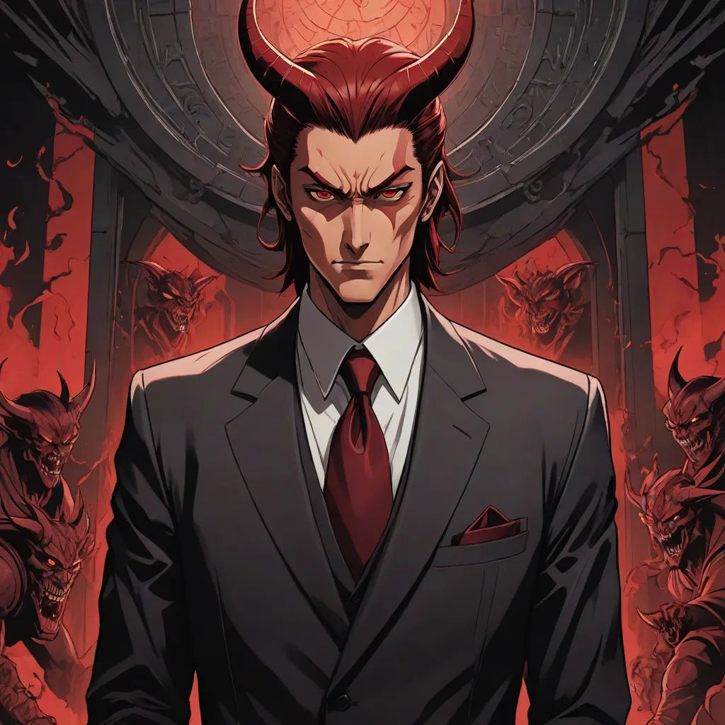 a man in a suit with horns on his head and a red background with a demon in the center, serial art, a character portrait, Eizan Kikukawa, official art