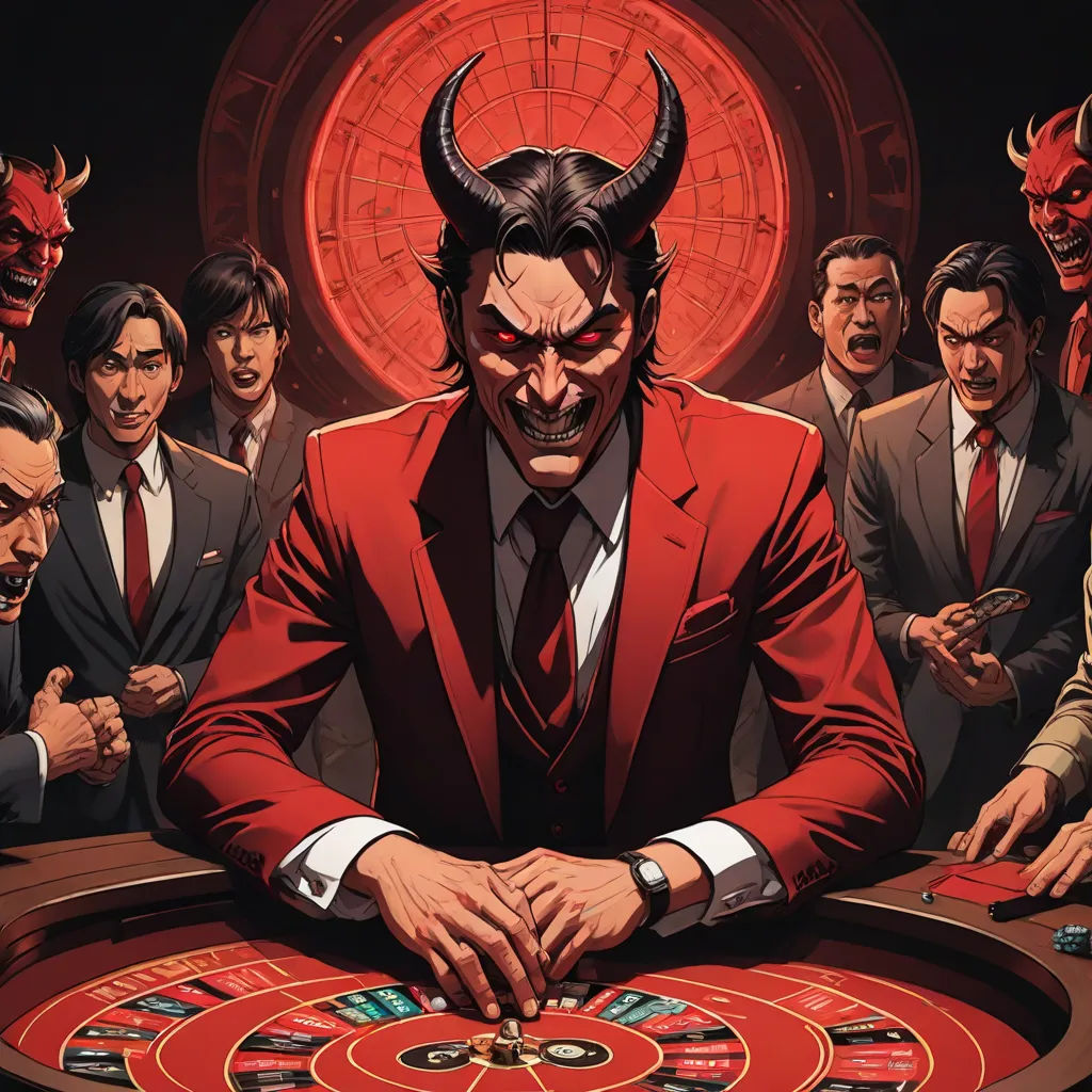 a man in a red suit and devil horns playing rouleette at a casino table with other men, serial art, poster art, Eddie Mendoza, comic cover art