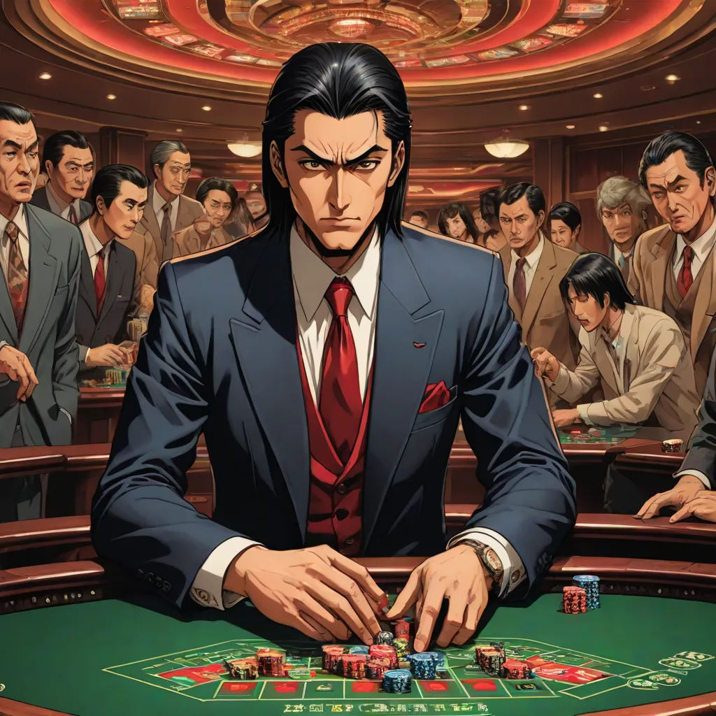 a man in a suit playing a game of crap in a casino room with other men in suits and ties, serial art, a character portrait, Eizan Kikukawa, official art