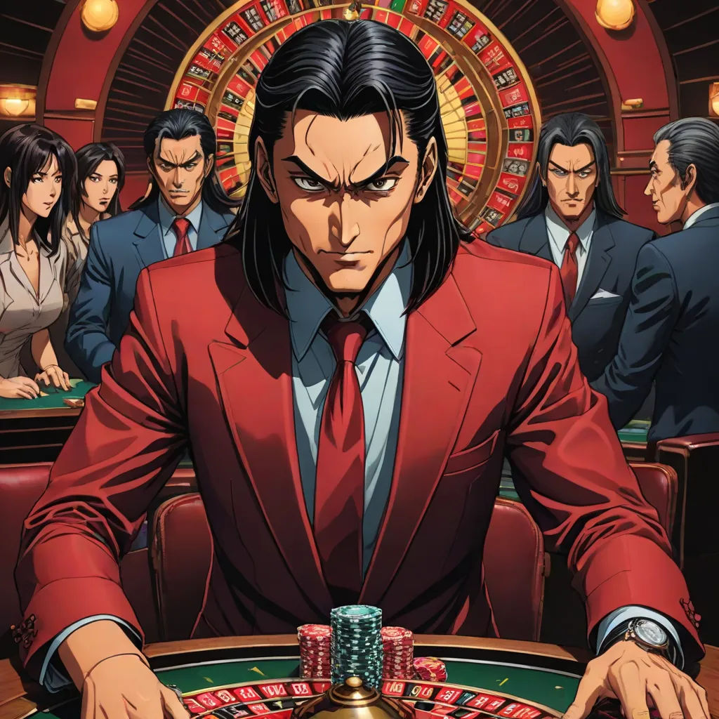 a man in a suit and tie playing roulee in a casino game with other people in the background, neogeo, a character portrait, Eizan Kikukawa, official art