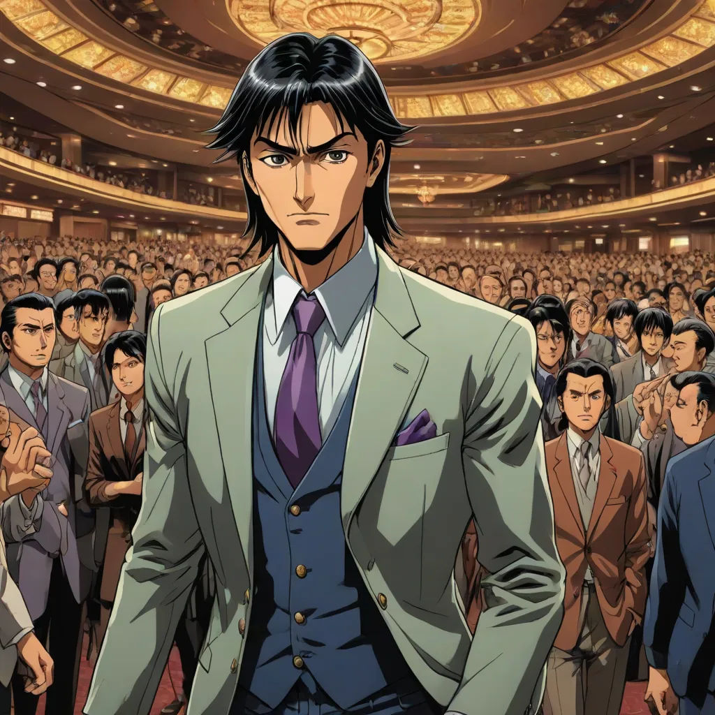 a man in a suit standing in front of a crowd of people in a theater with a ceiling light, neogeo, a comic book panel, Baiōken Eishun, yusuke murata