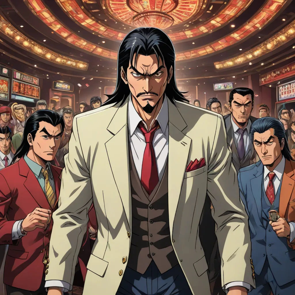 a man in a suit and tie standing in front of a crowd of people in a theater with a neon sign above him, serial art, poster art, Baiōken Eishun, official art
