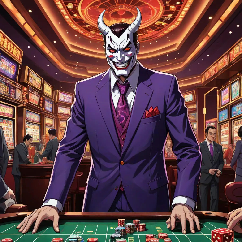 a man in a suit and tie standing in front of a roulette table with dices and a bull mask on it, sots art, concept art, Barron Storey, official art