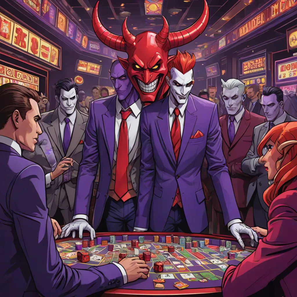 a devil man playing a game of monopoly with a group of people watching him play the game in a casino, altermodern, a comic book panel, Benjamin Marra, comic cover art