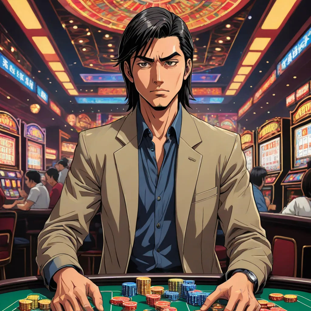 a man in a suit playing a game of poker in a casino room with people watching from the tables, serial art, a character portrait, Eizan Kikukawa, official art