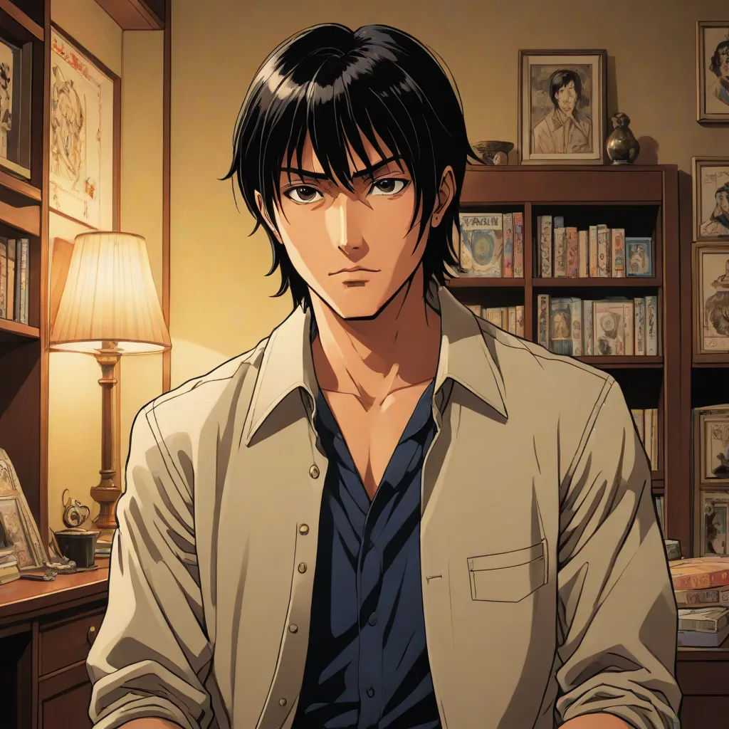 a man in a room with a lamp and a desk with a bookcase and a lamp on it, neogeo, a character portrait, Cedric Seaut (Keos Masons), yusuke murata