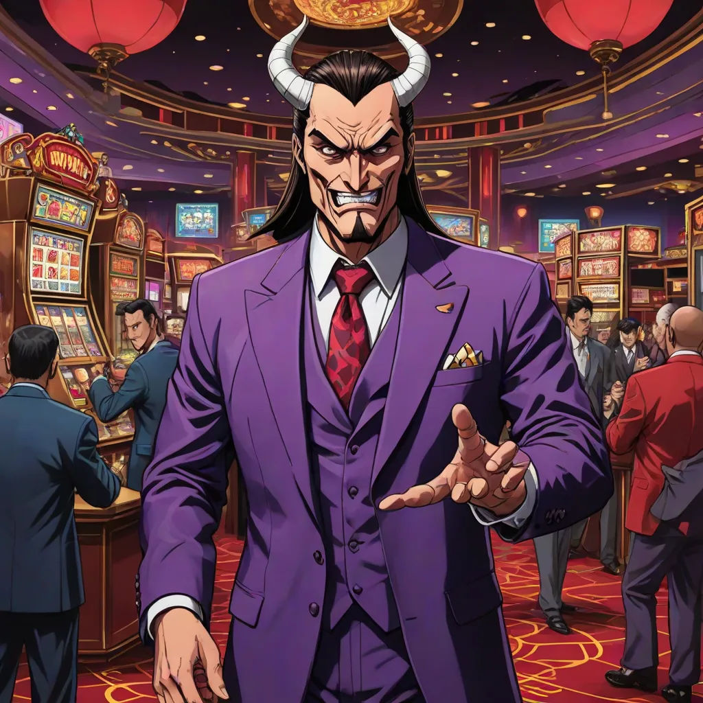 a man in a purple suit and horns on his head in a casino room with people playing slot machines, private press, a character portrait, Eizan Kikukawa, official art