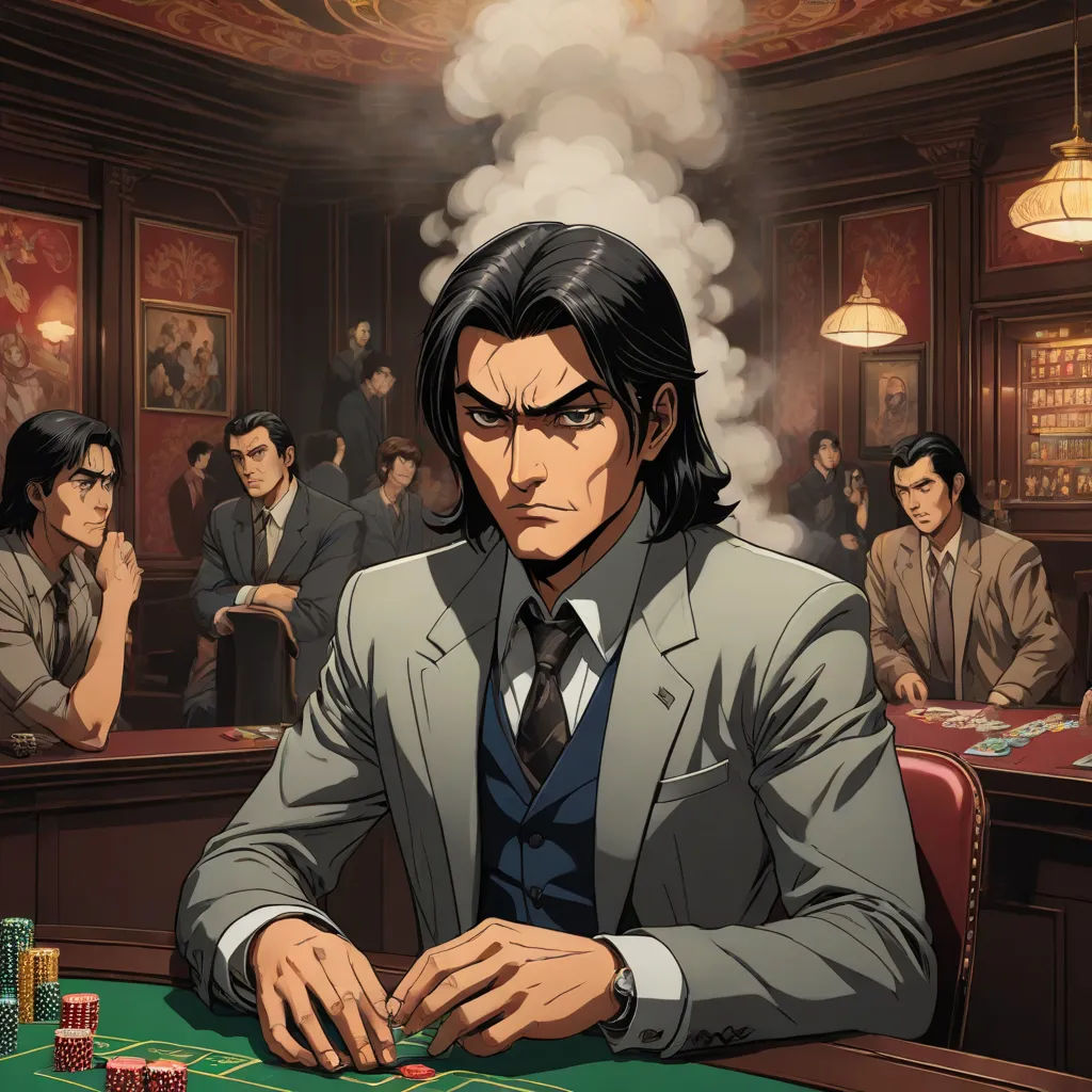 a man in a suit playing a game of poker in a casino room with other men in the background, serial art, a comic book panel, Eizan Kikukawa, official art
