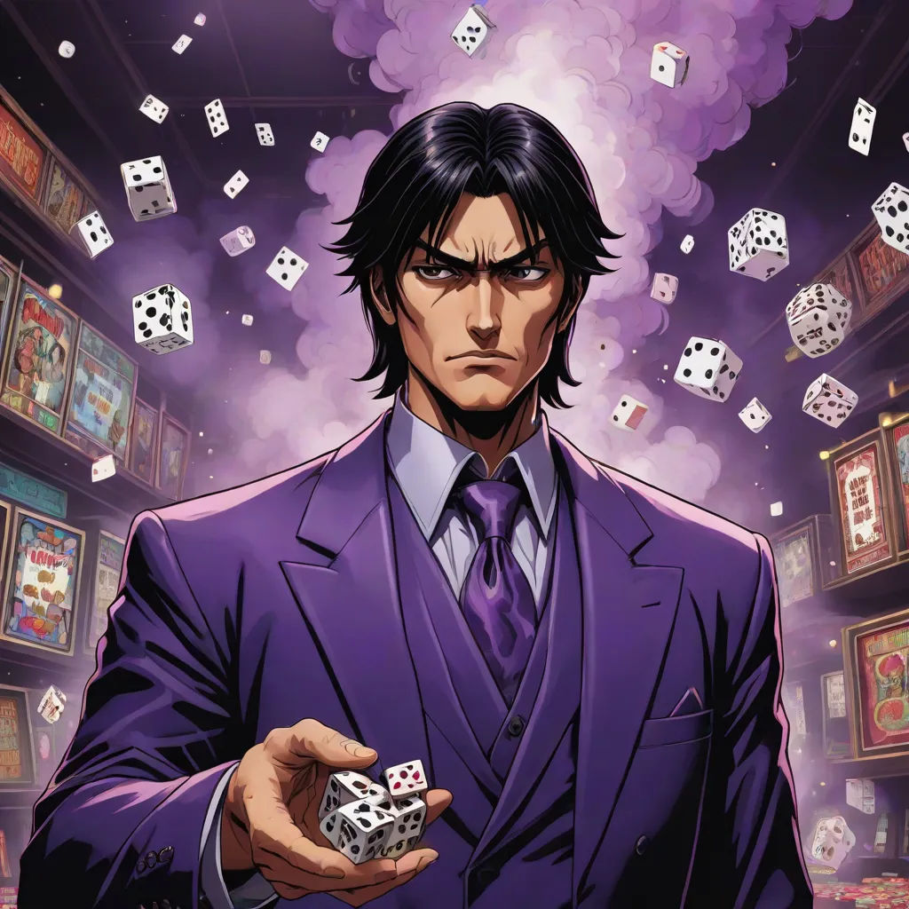 a man in a suit holding a dice in his hand and surrounded by dices in the background,, private press, a character portrait, Dustin Nguyen, yukito kishiro