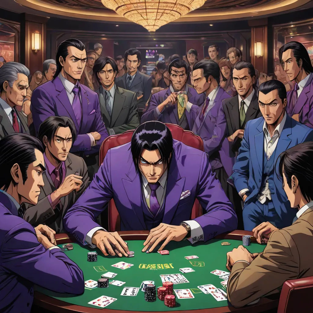 a group of men playing cards in a casino room with a crowd of people watching them play poker on a green table, sots art, concept art, Baiōken Eishun, official art