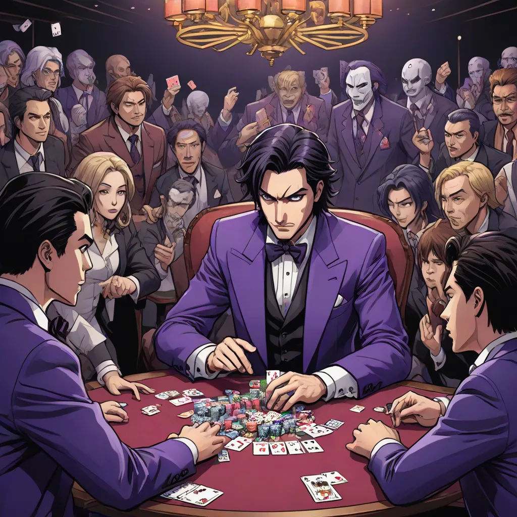 a group of people playing cards in a casino room with a man in a purple suit and a woman in a white dress, serial art, a comic book panel, Eizan Kikukawa, official art