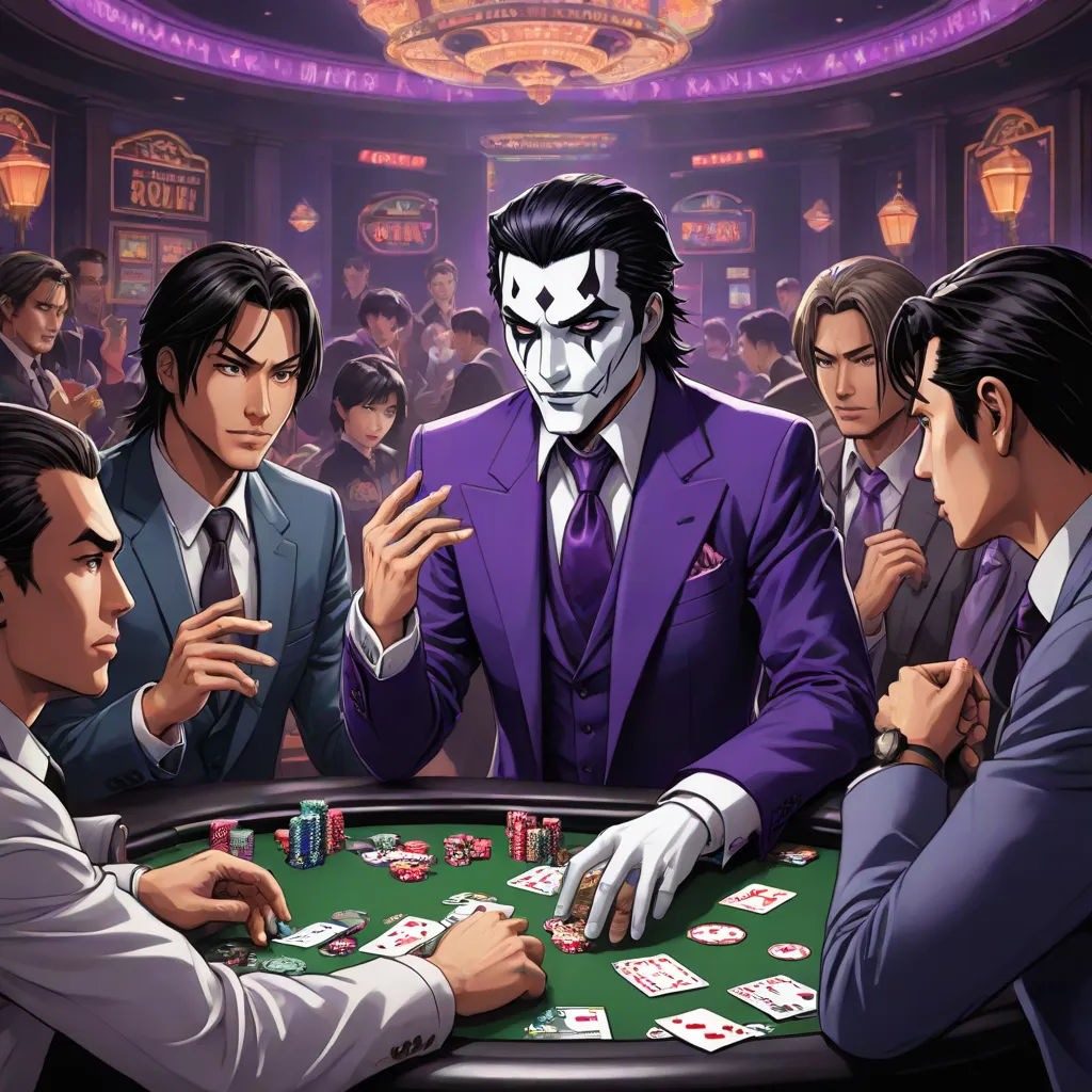 a group of men playing cards in a casino room with a joker mask on his face and a casino table, sots art, an album cover, Du Jin, official art