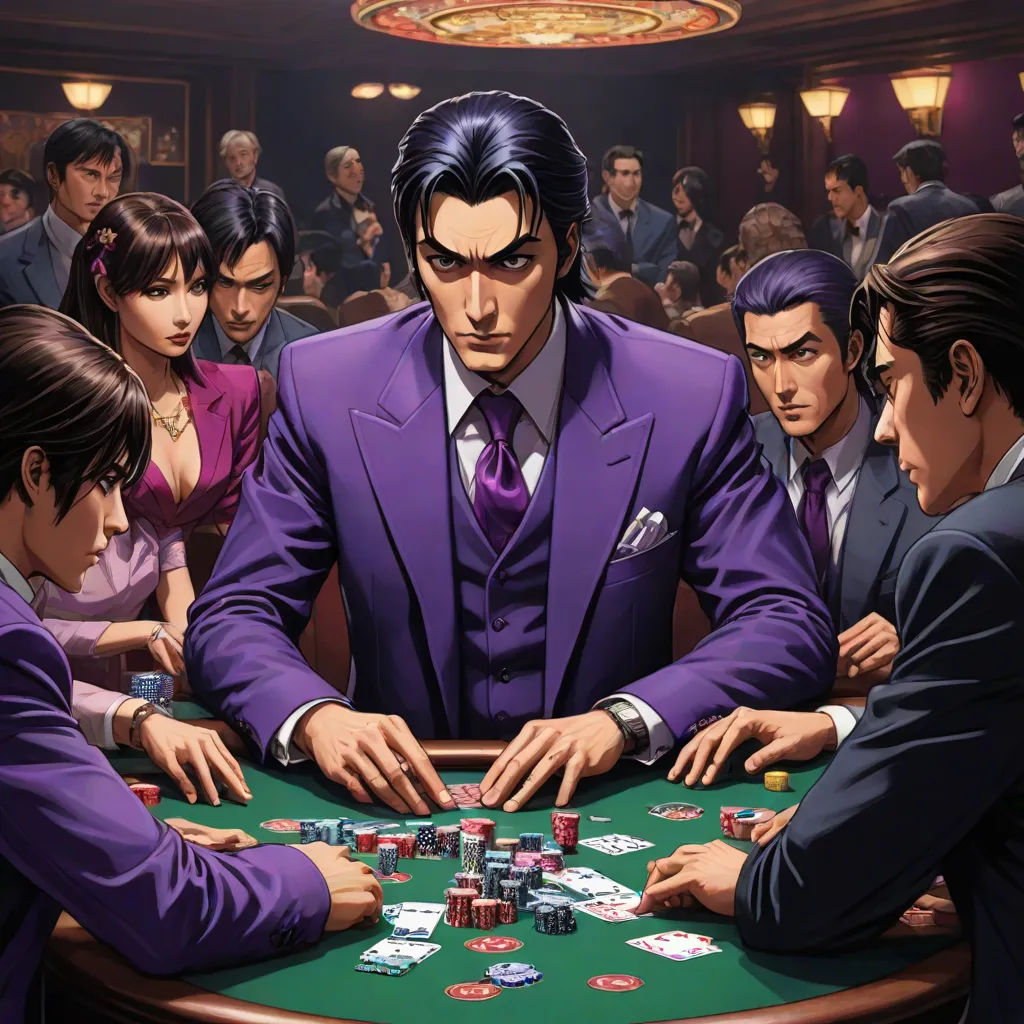 a man in a suit playing a game of poker with others in the background at a casino table with cards and chips, sots art, a character portrait, Eizan Kikukawa, official art