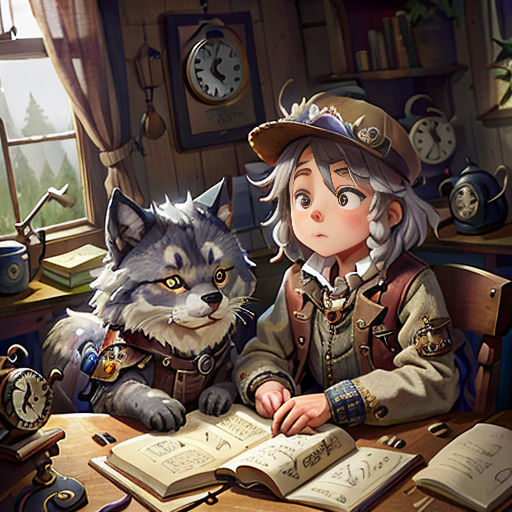 a girl sitting at a table with a cat and a book in front of her, with a clock in the background