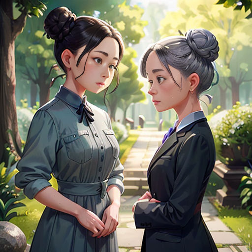 two women standing next to each other in a park with trees and bushes behind them, one of them is wearing a green dress