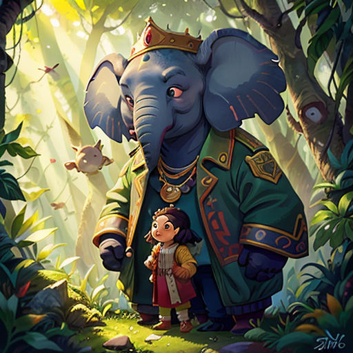 a painting of an elephant and a little girl in a forest with a bird on its back, and a bird on its back