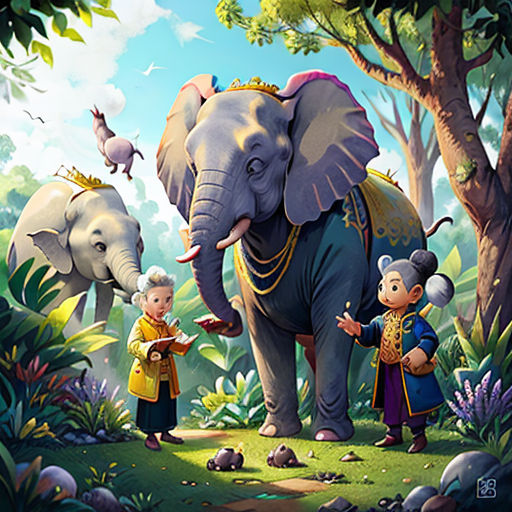 a painting of an elephant and two people in the jungle with animals around it and a sky background with clouds