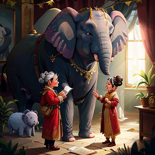 a painting of a woman and a child standing next to an elephant in a room with a window and a curtain