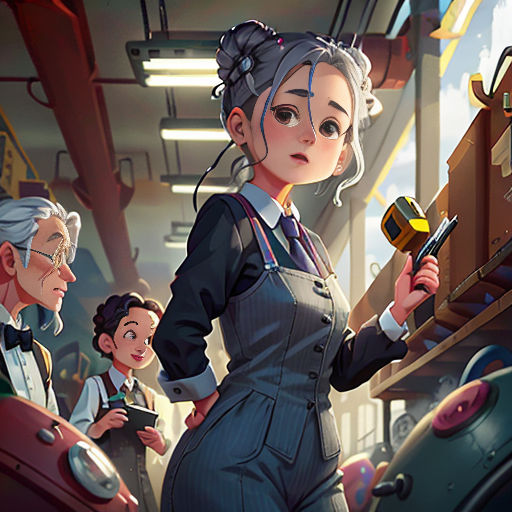a woman in a dress and some men in suits and ties standing in a factory with a machine gun