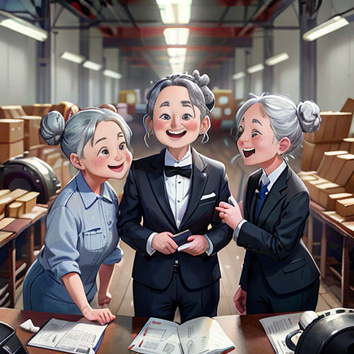 a group of people standing around a table with a book on it and a cartoon of two women in suits