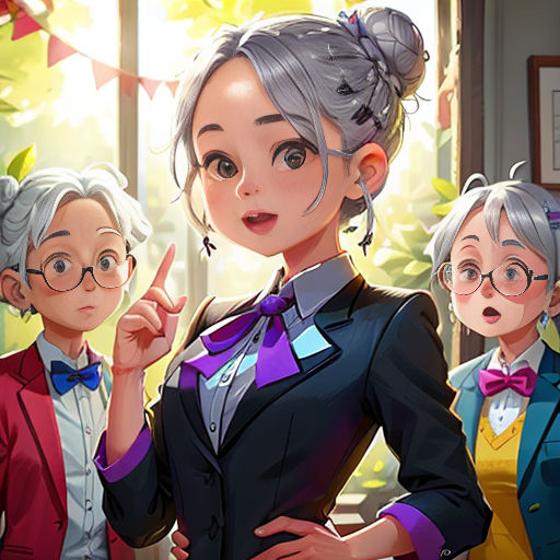 a woman in a suit and glasses standing next to two other women in a room with a window and a flag