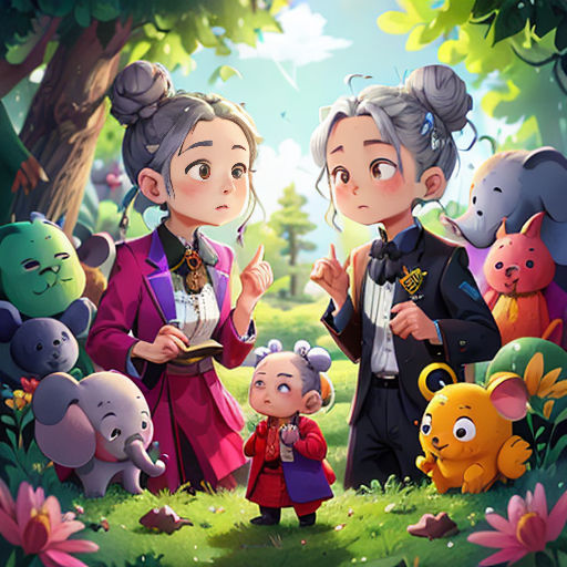 a couple of people standing in front of a forest filled with animals and a baby girl holding a plate