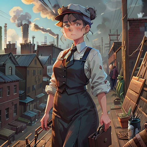 a woman in a hat and overalls standing on a rooftop with a suitcase in her hand and smoke billowing from the stacks
