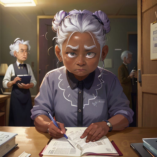 a woman sitting at a desk with a book and pen in her hand and another man standing behind her
