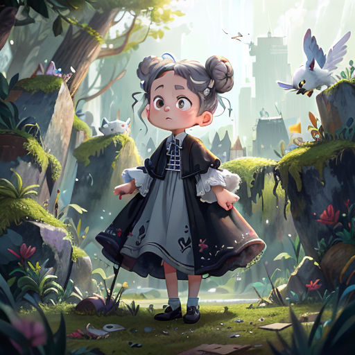 a little girl in a dress standing in a forest with a bird flying overhead and a bird flying overhead