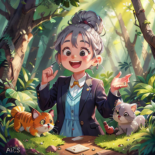 a woman standing in the middle of a forest with cats around her and a cat on the ground next to her