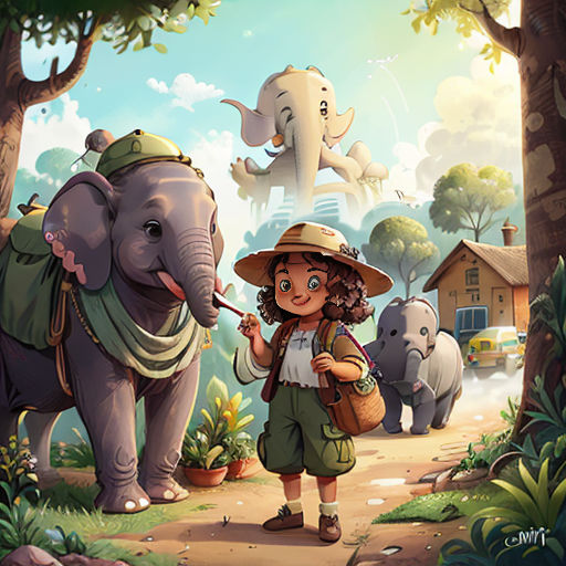a girl is standing in front of an elephant and a house with elephants in the background and a man in a hat is standing next to the elephant