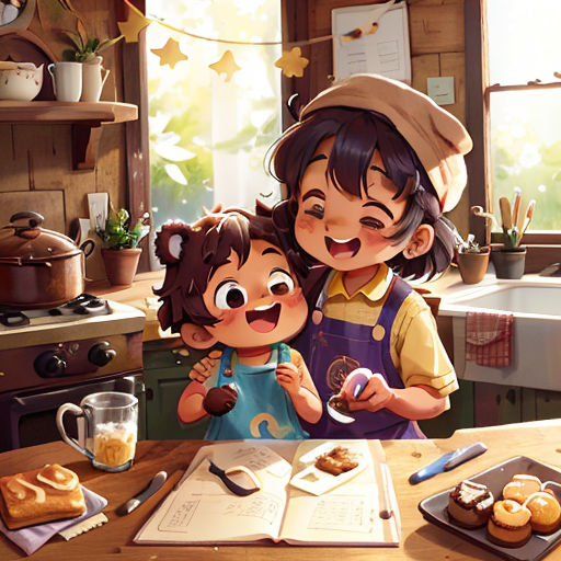 a couple of kids standing next to each other in a kitchen next to a table with donuts on it