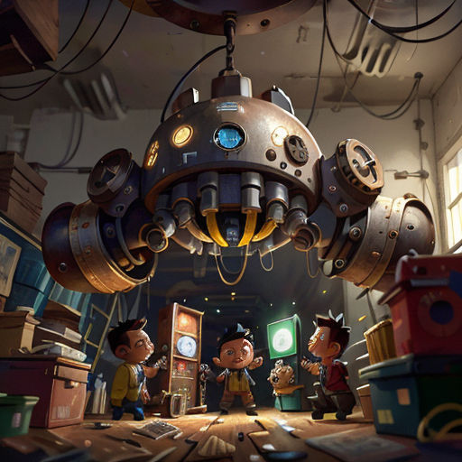 a group of cartoon characters standing in a room with a giant light fixture hanging from the ceiling above them
