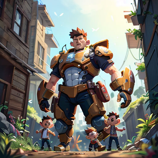 a man in a suit standing next to a group of people in a city with buildings and a giant robot