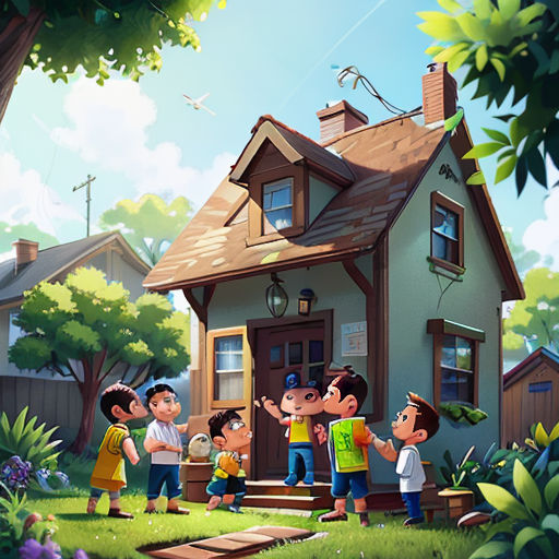 a group of children standing in front of a house with a dog and a cat on the porch of the house