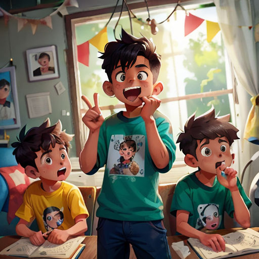 a group of children standing in front of a window with their mouths open and their hands up in the air