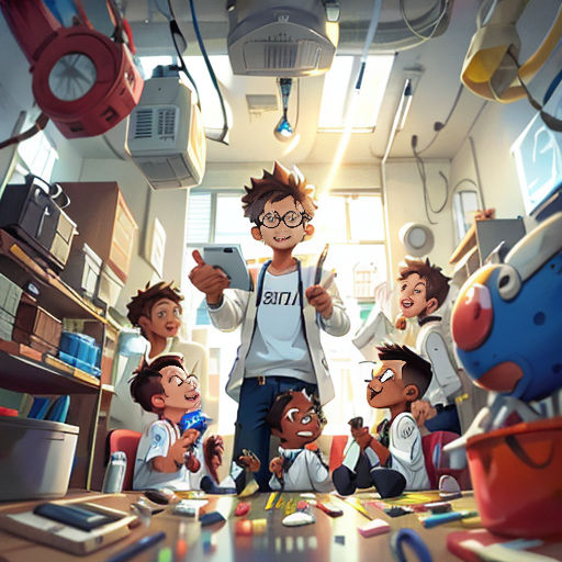 a group of children in a room with a man pointing at a phone and a woman standing in front of them