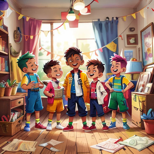 a group of children standing in a room together with a bookcase and a window in the background and a string of lights