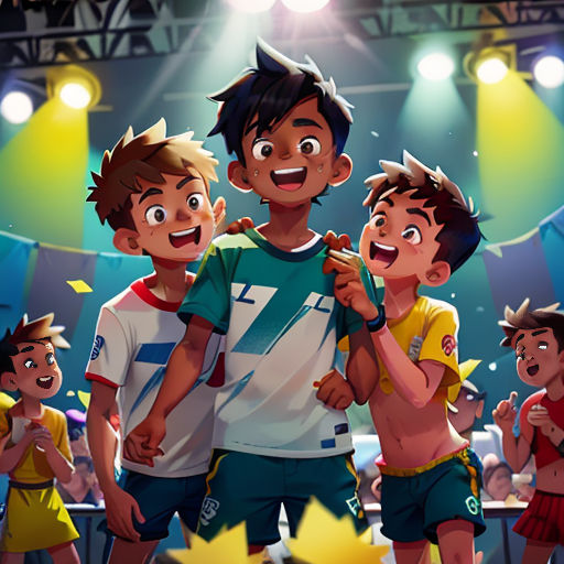 a group of young men standing next to each other on a stage with a crowd of people watching them