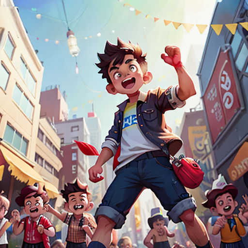 a cartoon character is standing in front of a crowd of people in a city street with a balloon in the air