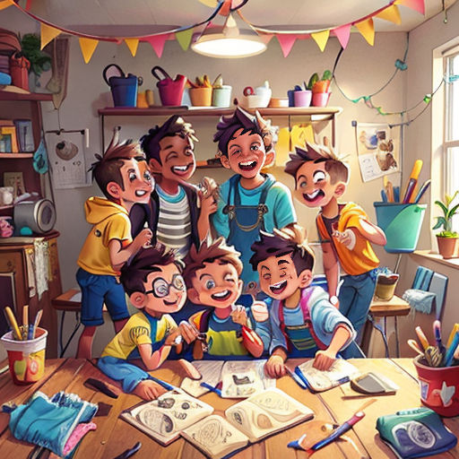 a group of children are gathered around a table with books and pencils on it, and a man is smiling