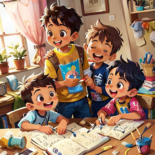 a group of children are standing around a table with books and pencils on it, and a boy is smiling